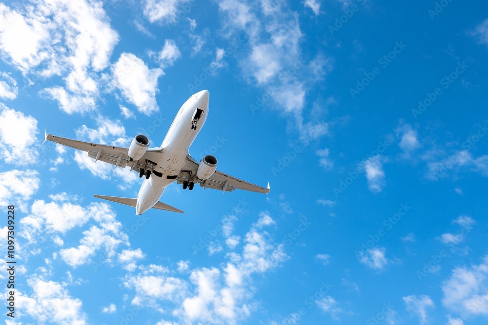 Airplane in flight against a vibrant blue sky with fluffy white clouds. Airplane in flight against a vibrant blue sky with fluffy white clouds.