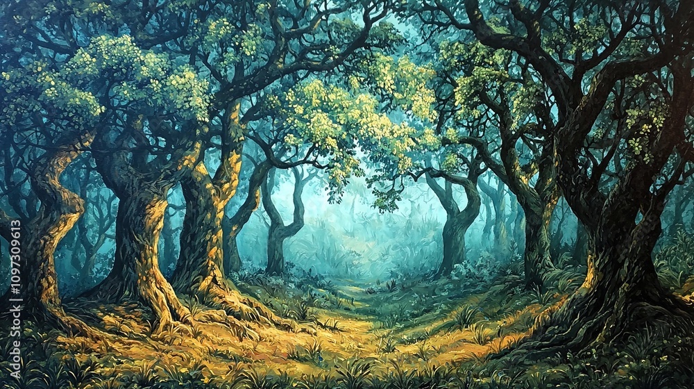 Fototapeta premium A mystical forest scene enveloped in a soft, ethereal light. The foreground features twisted tree trunks with thick, gnarled roots partially covered by lush green grass. Bright yellow-green leaves eme