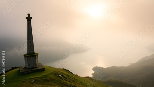 High angle of the Jacobite monument overlooking Loch Shiel, Glenfinnan, Scotland on a misty morning photo