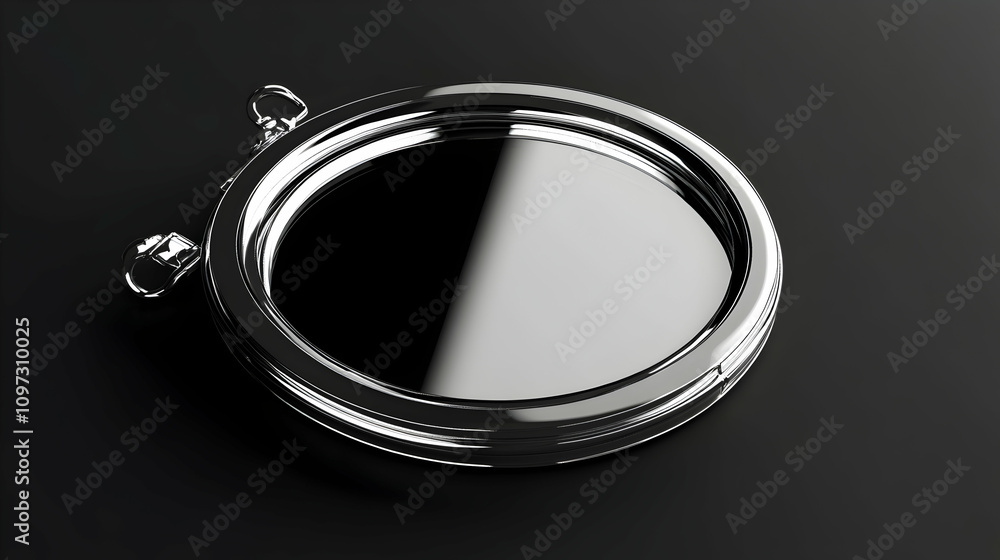 Polished silver circular tray with handles on dark background. Polished silver circular tray with handles on dark background.