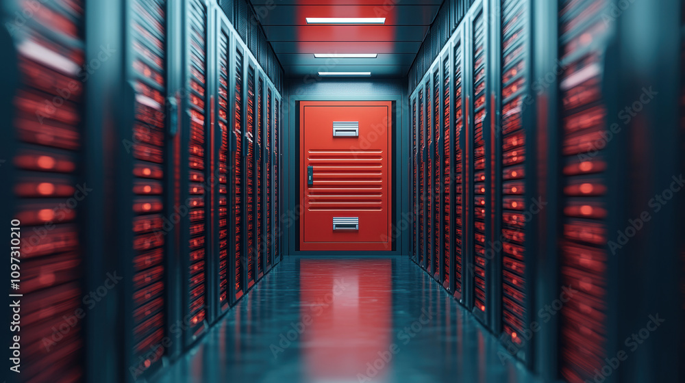 Cyber Insurance Risk Management Concept. A sleek, modern data center corridor featuring rows of red server racks leading to a bright red door, symbolizing technology and data management. Cyber Insurance Risk Management Concept. A sleek, modern data center corridor featuring rows of red server racks leading to a bright red door, symbolizing technology and data management.