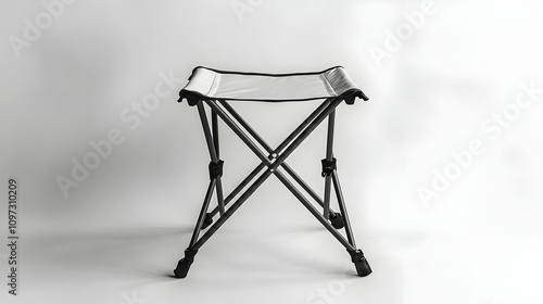 Portable folding camping stool with gray fabric seat and aluminum frame isolated on white background.