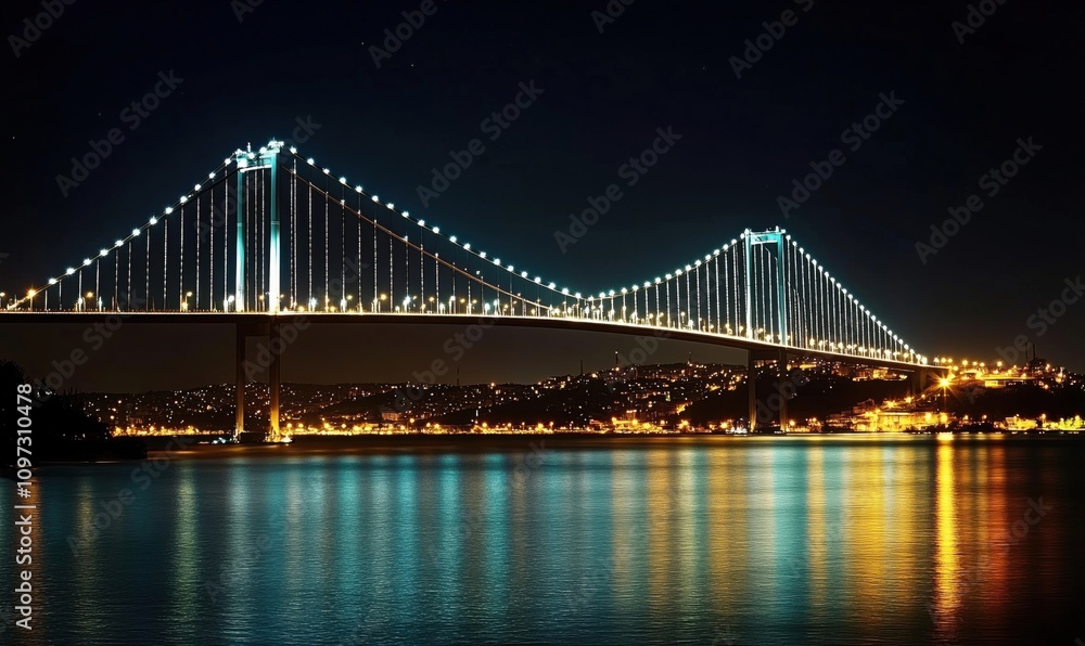 Illuminated bridge at night, stunning cityscape reflection, vibrant lights, serene water, urban skyline, peaceful atmosphere Illuminated bridge at night, stunning cityscape reflection, vibrant lights, serene water, urban skyline, peaceful atmosphere