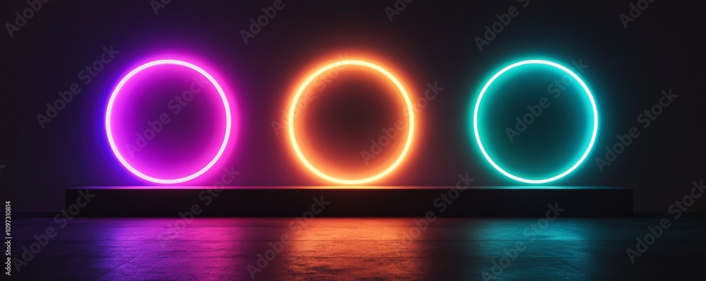 Naklejka premium Vibrant neon circles illuminating dark ambience: a