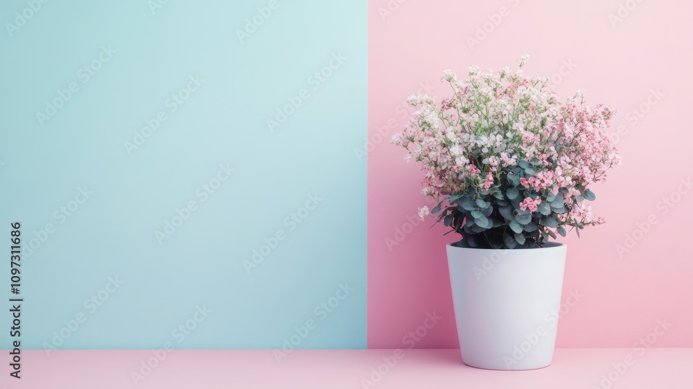 Pink and white flowers in pot against pastel wall background Pink and white flowers in pot against pastel wall background