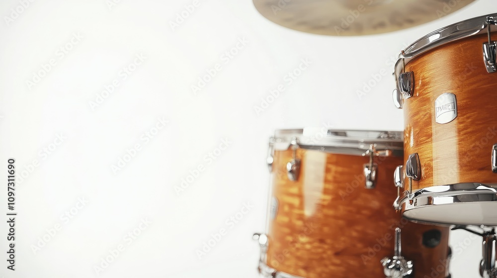 Obraz premium Wooden acoustic drum set, includes snare, tom, and cymbals