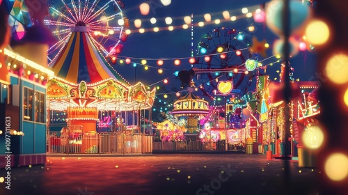 A vibrant carnival scene at night, featuring colorful lights, a Ferris wheel, and a merry-go-round, creating a festive and magical atmosphere.
