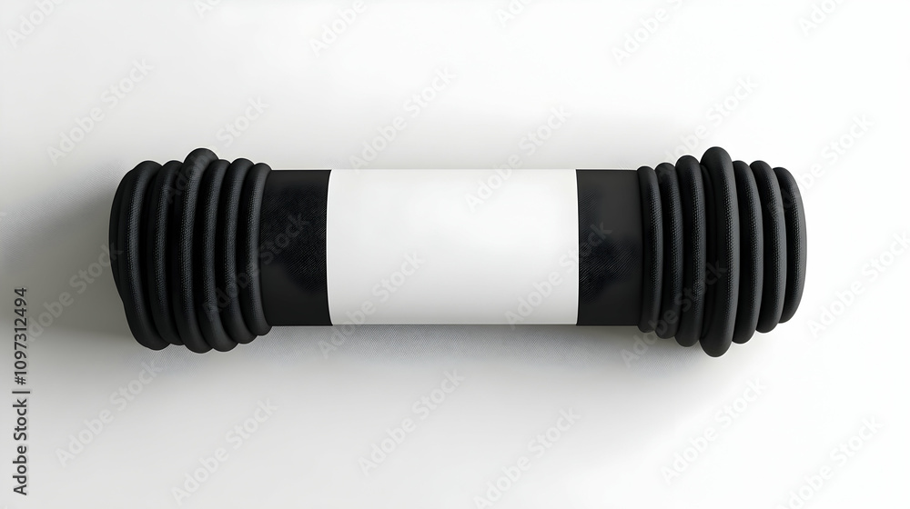 Rolled black yoga mat with blank label on white background. Rolled black yoga mat with blank label on white background.