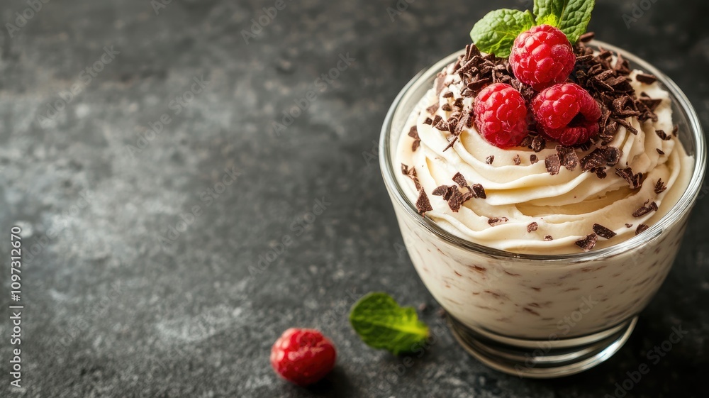Creamy dessert with whipped topping, raspberries, and chocolate shavings Creamy dessert with whipped topping, raspberries, and chocolate shavings