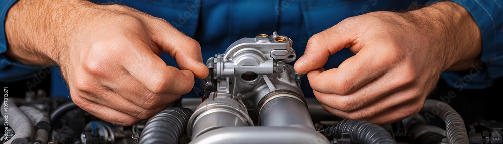 Turbocharger Installation Concept. A mechanic's hands work on an engine, adjusting components with precision, showcasing the intricacies of automotive repair. Turbocharger Installation Concept. A mechanic's hands work on an engine, adjusting components with precision, showcasing the intricacies of automotive repair.