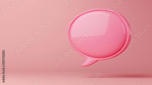 A pink speech bubble icon floating against a soft pink background, symbolizing communication and dialogue.