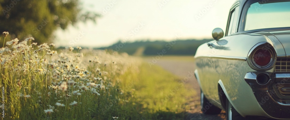 Classic car parked by a field of daisies on a sunny day. Classic car parked by a field of daisies on a sunny day.