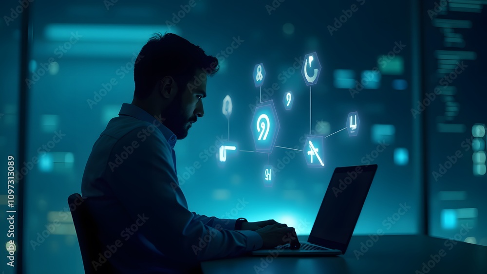 A silhouette using a glowing laptop, surrounded by floating holographic tools like a wrench and paintbrush. Light trails connect the tools, symbolizing digital productivity. A silhouette using a glowing laptop, surrounded by floating holographic tools like a wrench and paintbrush. Light trails connect the tools, symbolizing digital productivity.
