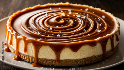 Delicious caramel cheesecake dripping with sweet sauce and topped with salt