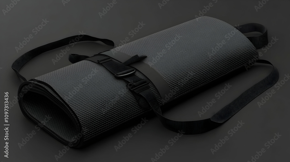 Rolled-up dark grey yoga mat with black straps and buckle, isolated on dark background. Rolled-up dark grey yoga mat with black straps and buckle, isolated on dark background.