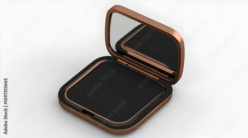 Rose gold compact with black interior, open, showing empty space. Rose gold compact with black interior, open, showing empty space.