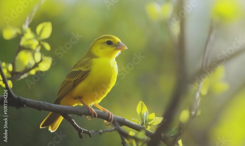 Yellow bird perched on branch, vibrant foliage background, soft sunlight illuminating feathers