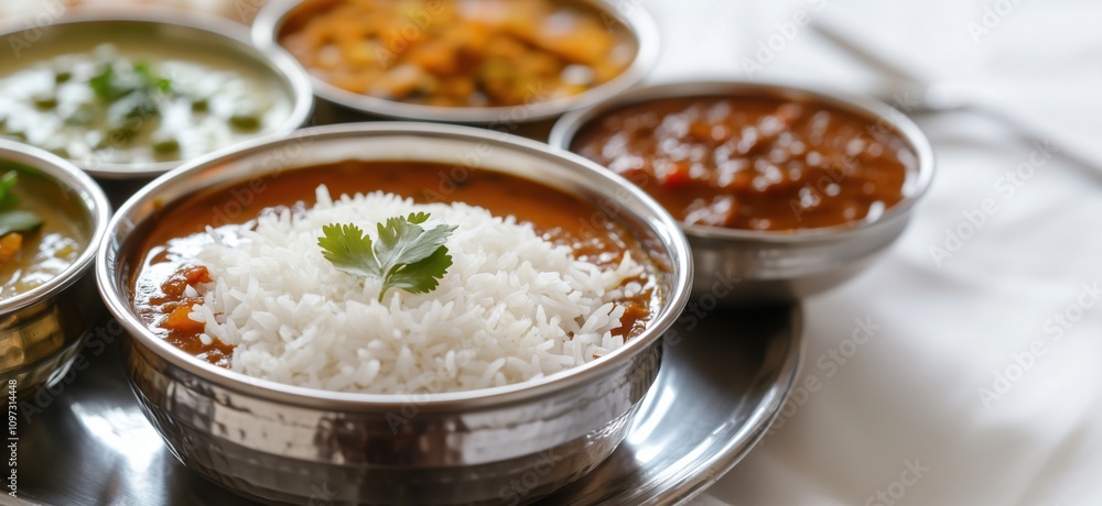 Indian cuisine platter with rice, curries, and side dishes. Variety of colorful dishes including dal, vegetable curry, and raita served in metal bowls. Indian cuisine platter with rice, curries, and side dishes. Variety of colorful dishes including dal, vegetable curry, and raita served in metal bowls.
