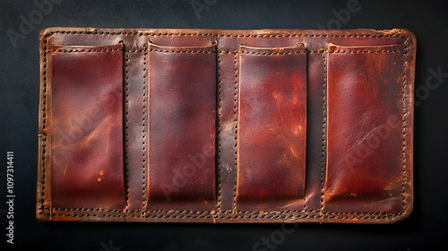 Rustic brown leather organizer with four pockets on dark background.