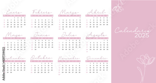Calendario 2025,Calendario  femenino, rosa, minimalista, meses en español	, calendario español