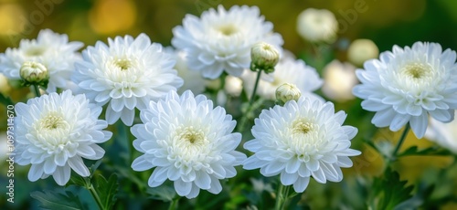 White chrysanthemums blooming in garden, vibrant petals, lush green leaves, soft focus background, natural beauty, floral arrangement