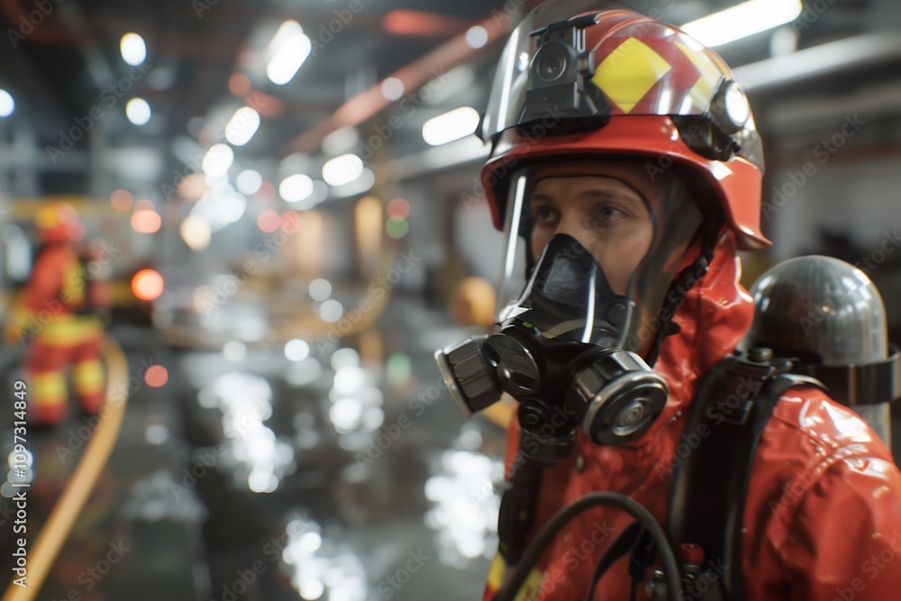 Close-up of a firefighter in full gear, inside a building with blurred background of other firefighters and hoses. Close-up of a firefighter in full gear, inside a building with blurred background of other firefighters and hoses.