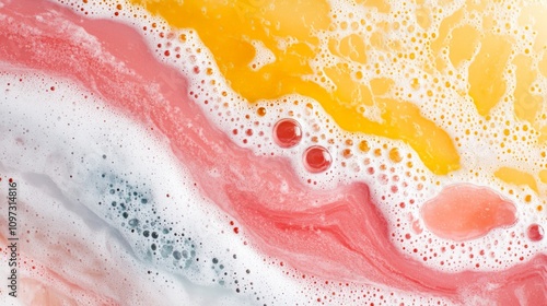 Swirling abstract forms with pink and yellow foam like textures resembling a dynamic fusion of fluid art and cellular formations photo