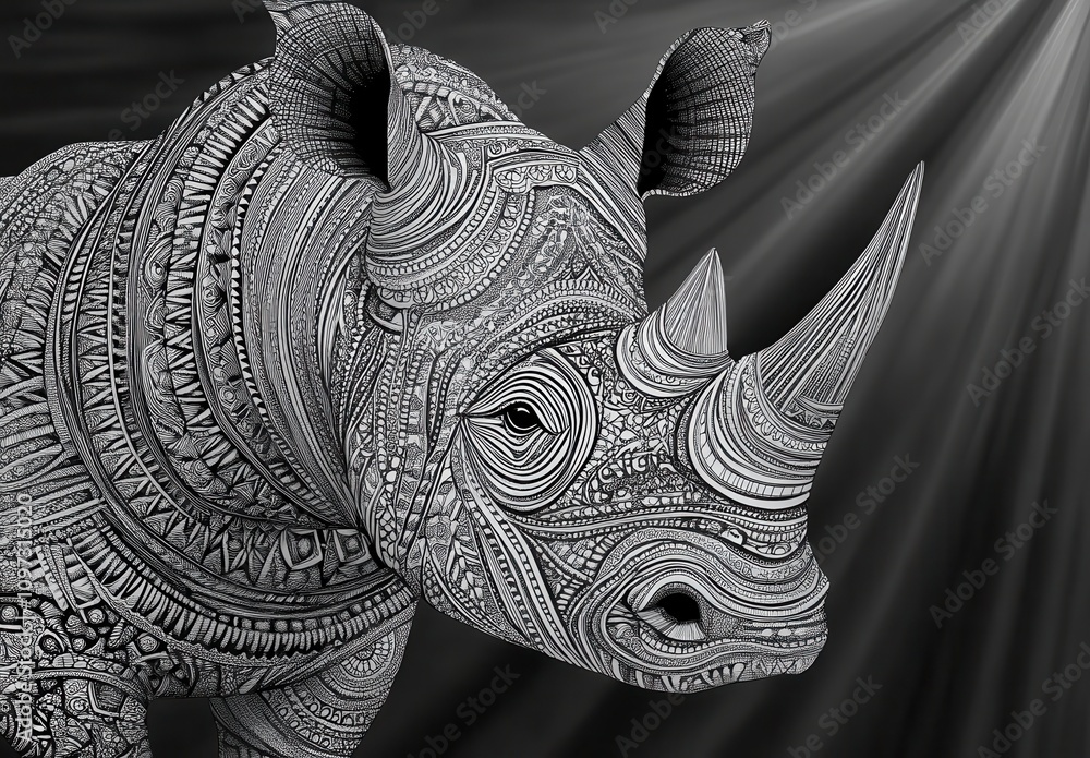 Obraz premium A stylized black and white illustration of a rhinoceros, featuring intricate patterns and textures, highlighted by soft light rays.