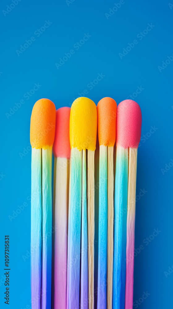 Matchsticks in rainbow colors are set against a blue background, captured in macro photography. Matchsticks in rainbow colors are set against a blue background, captured in macro photography.