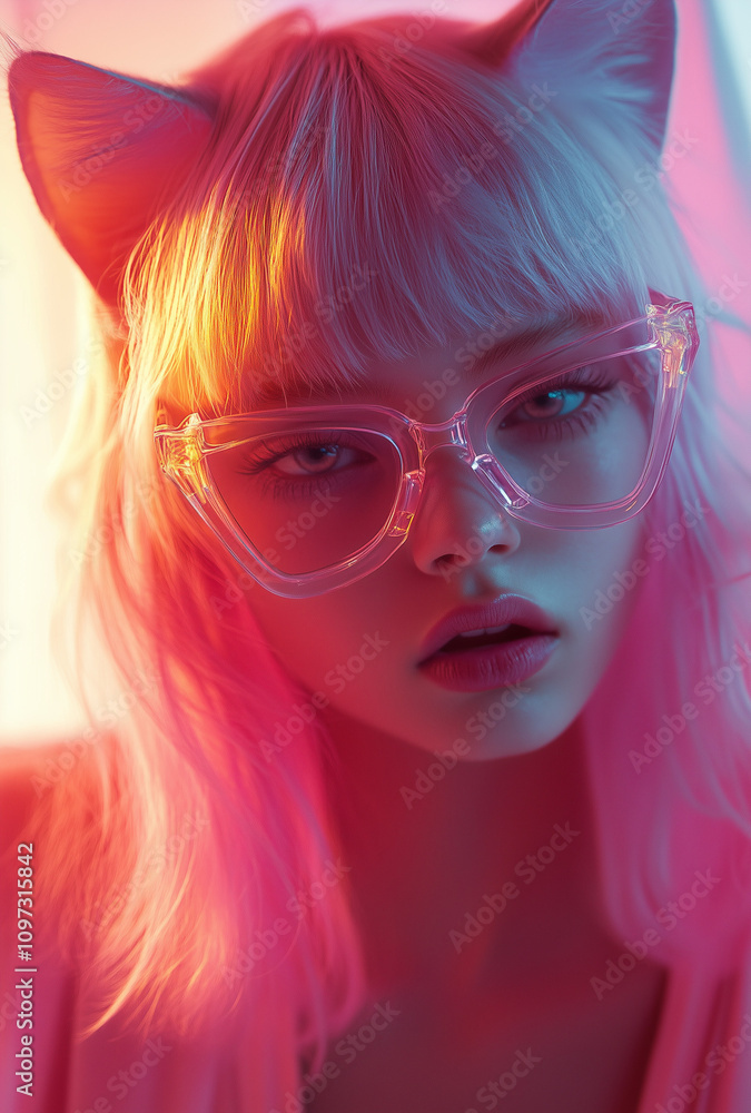 An anime character pink-haired girl with cat ears, wearing pink glasses, with shiny, crystal-textured skin and a cute face. An anime character pink-haired girl with cat ears, wearing pink glasses, with shiny, crystal-textured skin and a cute face.
