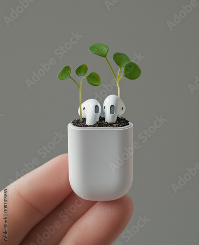 An AirPod with tiny sprouts growing from it, held in the hand of a person who looks delighted to see them blooming.Minimal creative technologilac advertise concept.Copy space,flat lay