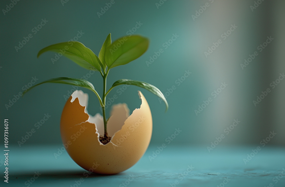 A seedling growing from a broken eggshell.Minimal creative food an environment concept.Copy space,flat lay A seedling growing from a broken eggshell.Minimal creative food an environment concept.Copy space,flat lay