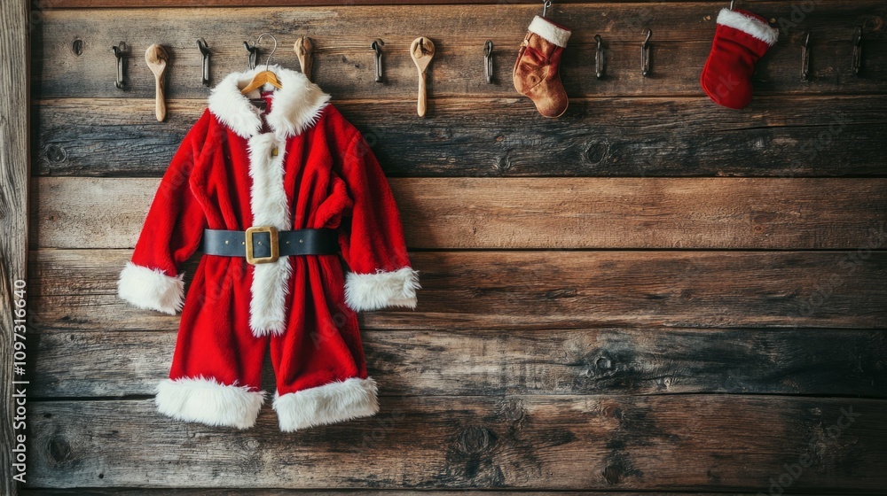 Santa suit hangs on rustic wood wall with stockings. Santa suit hangs on rustic wood wall with stockings.