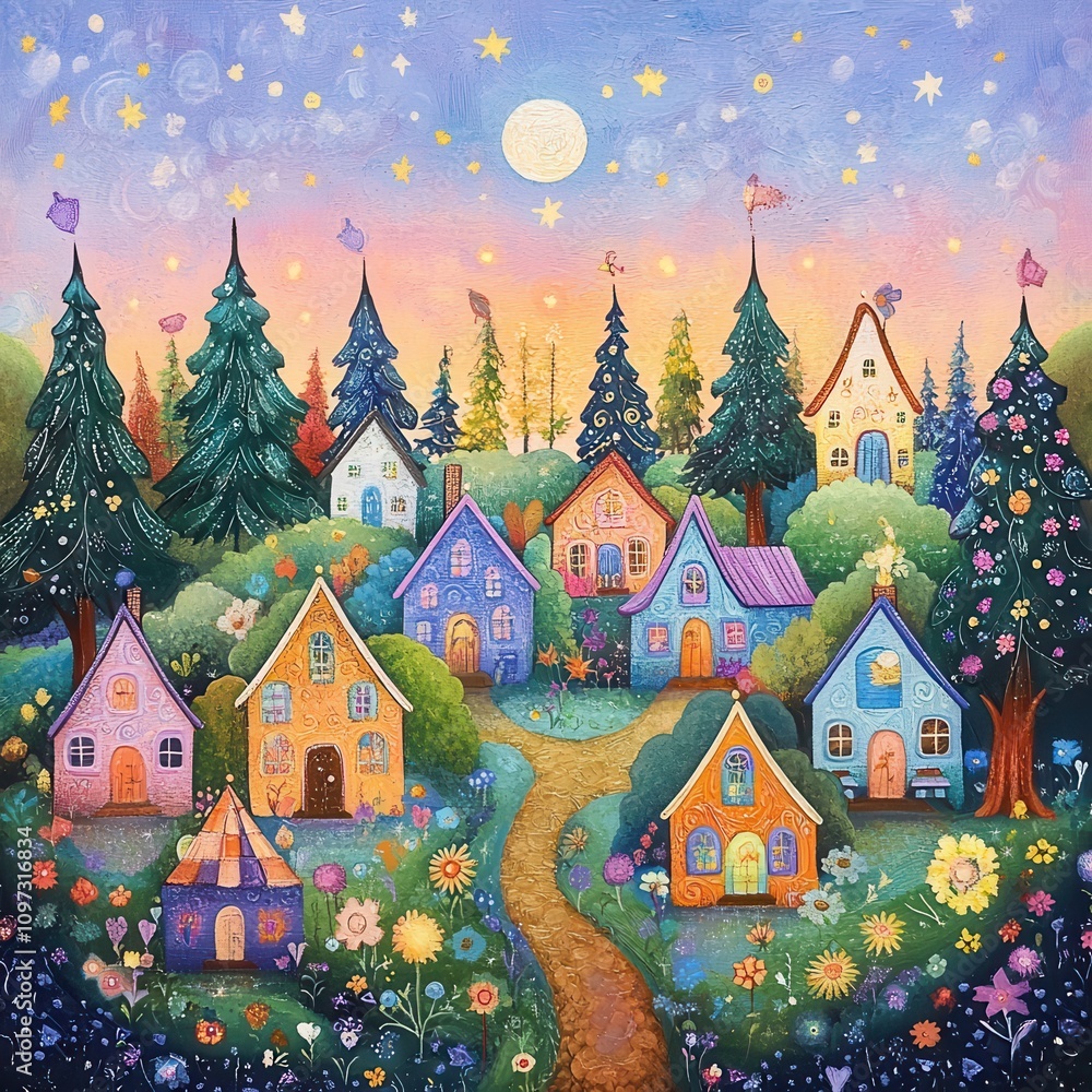 Naklejka premium A whimsical village scene with colorful houses, lush trees, and vibrant flowers, illuminated by a glowing moon under a starry sky.