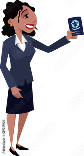 Mulher de negócios brasileira segurando sua carteira de trabalho e segurança social. Trabalhadora registrada- CLT - Carteira de Trabalho