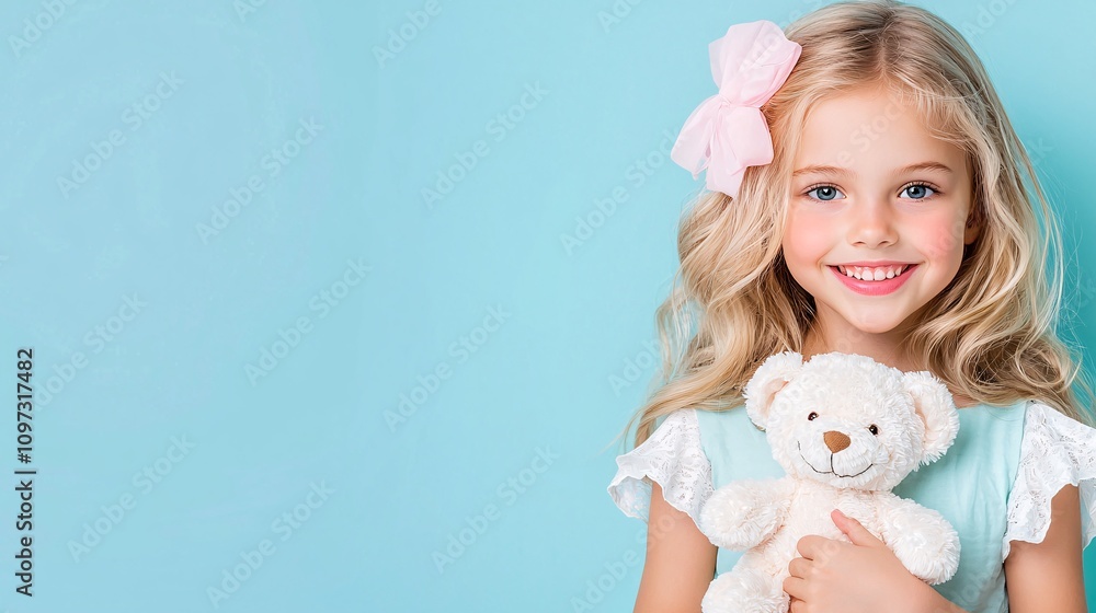 Happy child embracing teddy bear studio setting portrait photography bright colors joyful mood childhood innocence Happy child embracing teddy bear studio setting portrait photography bright colors joyful mood childhood innocence