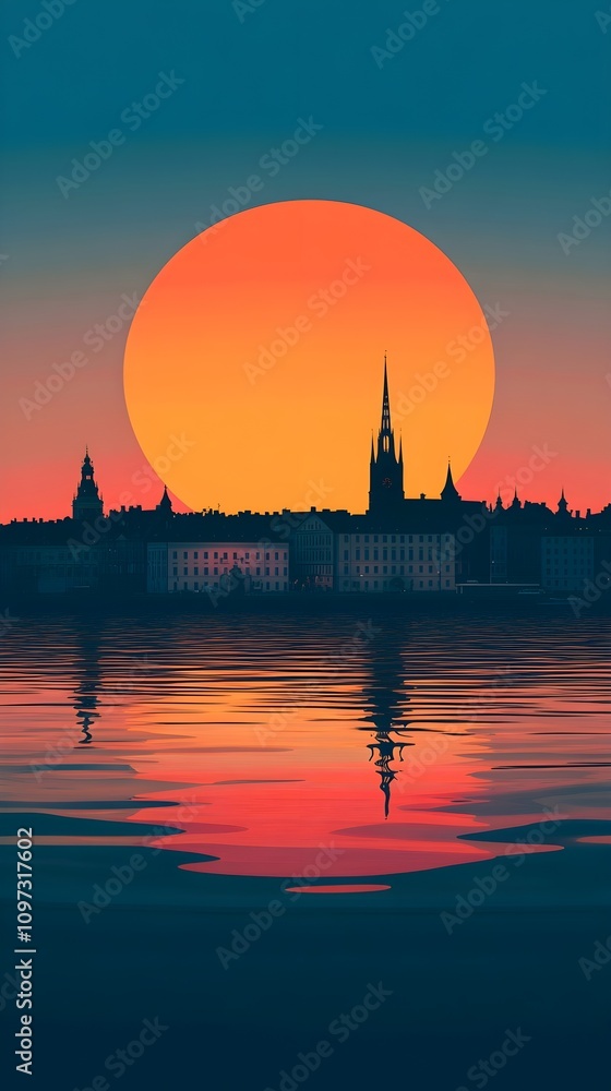 An illustration of a vibrant sunset in Stockholm capturing the city’s iconic skyline and the warm colors of the sky blending into the water for smartphone wallpaper An illustration of a vibrant sunset in Stockholm capturing the city’s iconic skyline and the warm colors of the sky blending into the water for smartphone wallpaper