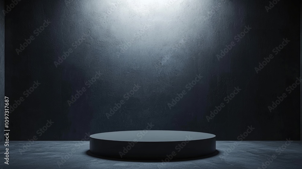 Black Circular Platform in a Dark Room with a Light Beam Black Circular Platform in a Dark Room with a Light Beam