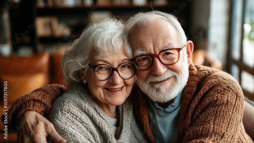 Elderly couple in sweaters smiling and embracing indoors Elderly couple in sweaters smiling and embracing indoors