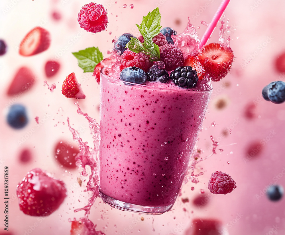 A pink smoothie with fruit and berries is suspended in mid-air, with its ingredients and colors splashing around with pink background A pink smoothie with fruit and berries is suspended in mid-air, with its ingredients and colors splashing around with pink background