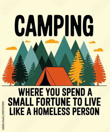 camping where you spend a small fortune, funny illustration