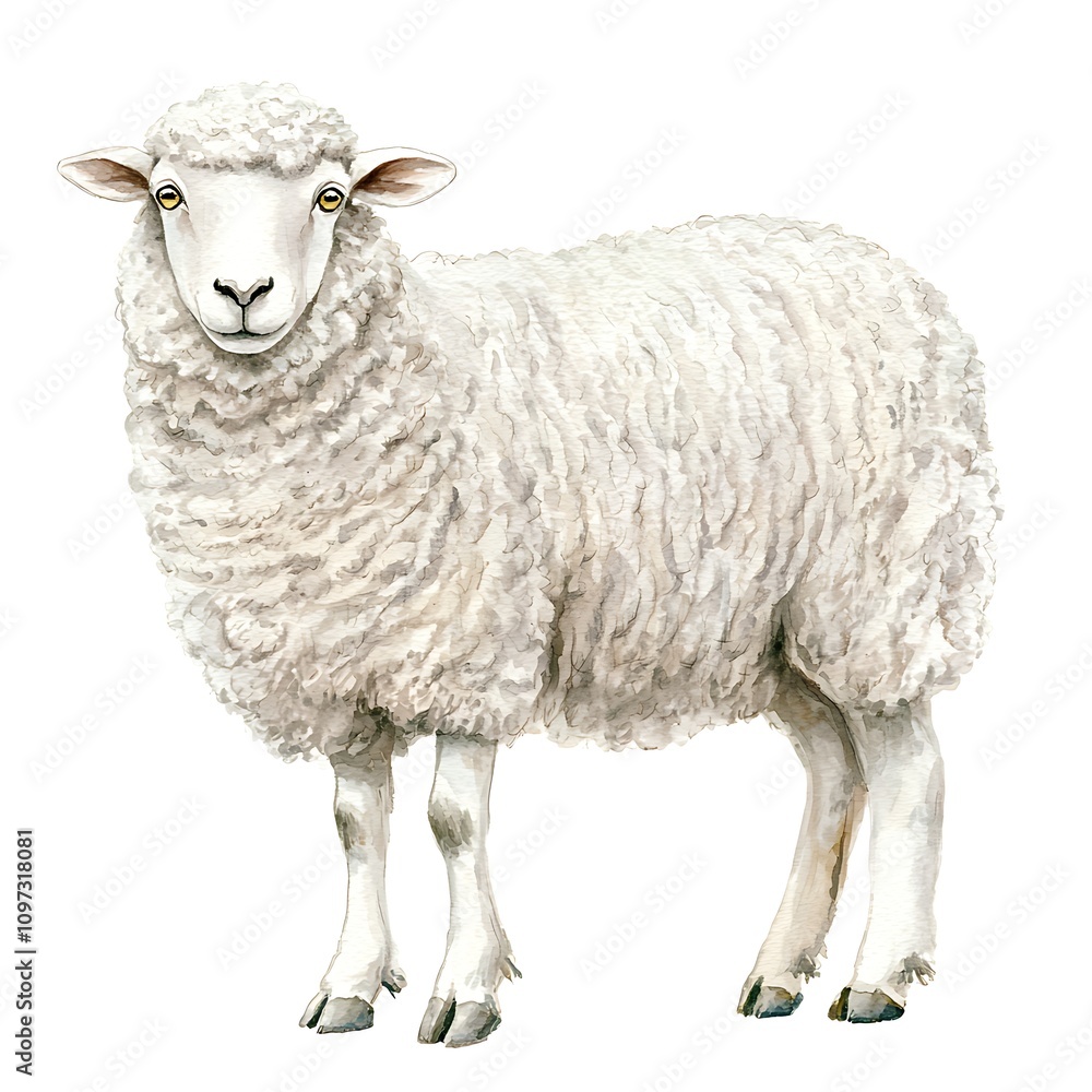 Watercolor Painting of a Fluffy White Sheep Standing on a White Background. Watercolor Painting of a Fluffy White Sheep Standing on a White Background.