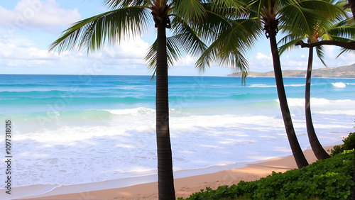 Soft golden sand meets turquoise ocean waves at Tracks Beach Park on Oahu's North Shore, surrounded by lush greenery and swaying palm trees. photo