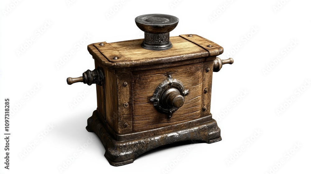Antique wooden coffee grinder with metal accents and detailed design Antique wooden coffee grinder with metal accents and detailed design
