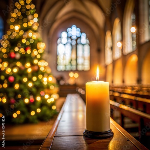 Lit candle in church with Christmas tree and festive decor photo