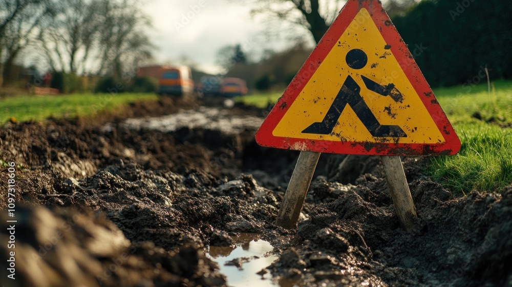 Muddy Road Construction Warning Sign Rural Setting Muddy Road Construction Warning Sign Rural Setting