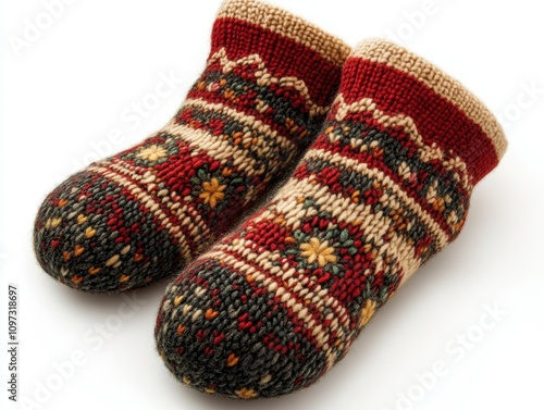 A sticker of a pair of woolen socks with a Christmas pattern, isolated on white background 