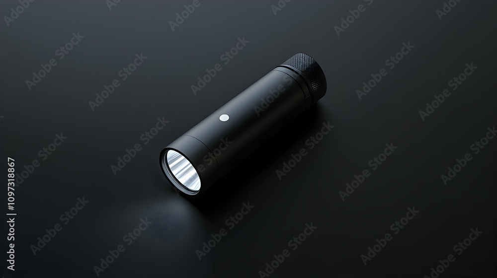 Sleek black flashlight emitting bright light on dark surface. Sleek black flashlight emitting bright light on dark surface.