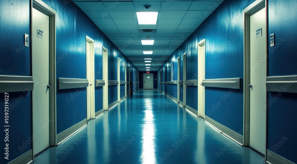 A long, dimly lit hallway with blue walls and multiple doors creates a somber, mysterious atmosphere. A long, dimly lit hallway with blue walls and multiple doors creates a somber, mysterious atmosphere.