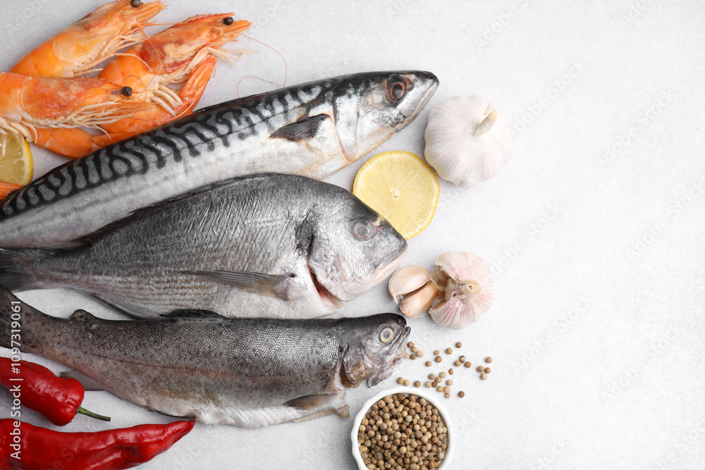 Different fresh sea food with spices on light grey table, flat lay. Space for text Different fresh sea food with spices on light grey table, flat lay. Space for text